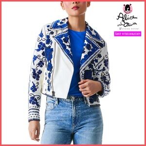 Alice + Olivia Cody Embroidered Floral Embellished Leather Moto Jacket